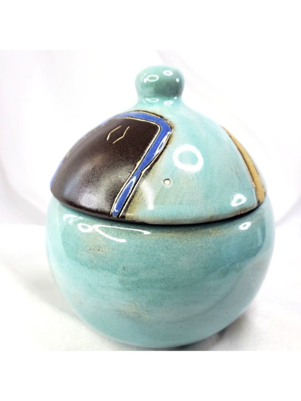 Mara Signed Mex Lidded Sugar Bowl Two Faces Abstract Stoneware Pottery Mexico - Picture 9 of 15